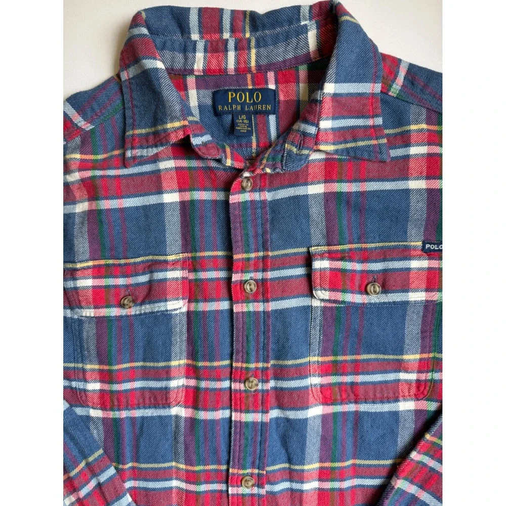 Polo Ralph Lauren Boys Flannel Shirt Plaid Button Down Blue Red Large 14-16